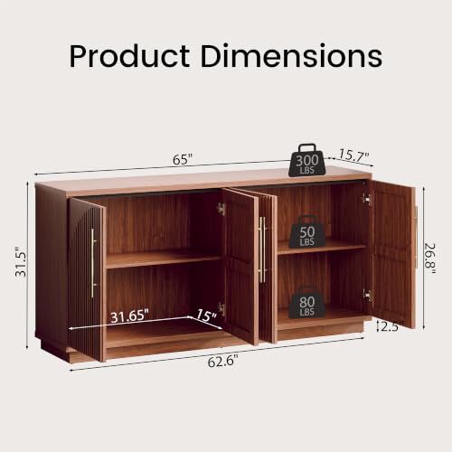 Image of 65 inch Buffet Cabinet with Storage, Fluted Sideboard Cabinet with 4 Arched Doors & Adjustable Shelves, Credenza Accent Cabinet Console for Dining Room, Living Room, Entryway, Set of 2