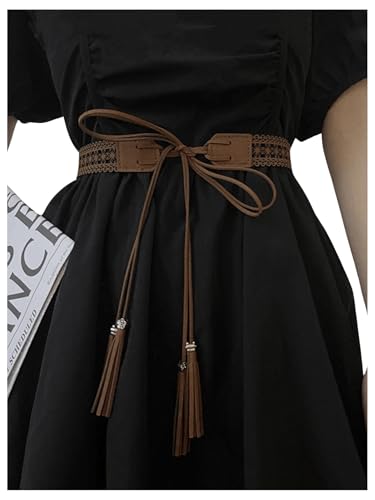 Boho Tassel Genuine Leather Belts Hollow Out Waist Belt for Women Casual Dress