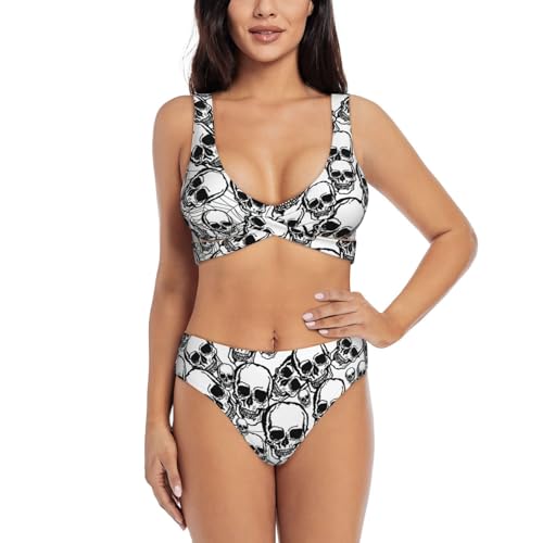 Bikini deux pièces crânes noir et blanc - Maillot de bain femme ajustable et anti-transparence