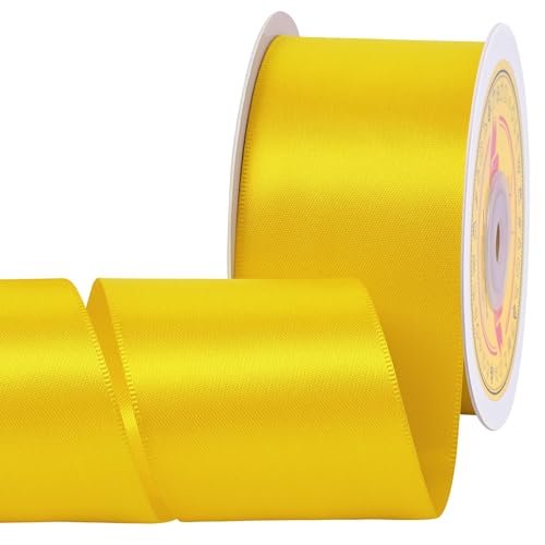 Image of Double Face Maize Yellow Satin Ribbon 2 inch X 25 Yards Polyester Maize Yellow Ribbon for Gift Wrapping Very Suitable for Weddings Party Hair Bow Invitation Decorations and More