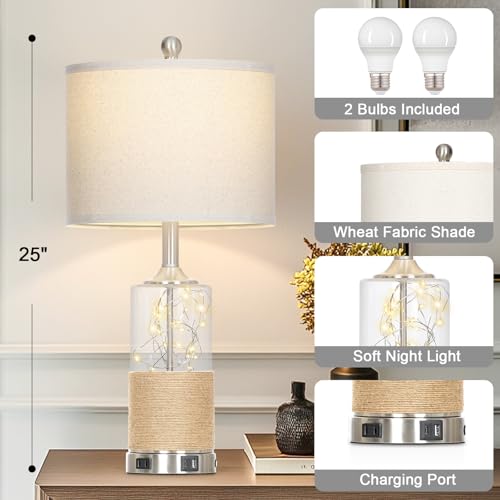 Cinyirong 25" Boho Table Lamps Set of 2, Coastal Glass Bedside Lamps with USB A+C Ports and AC Outlet, Rattan Lamp with Night Light for Nightstand Living Room Bedroom, 2 LED Bulbs Included, Silver - Image 2
