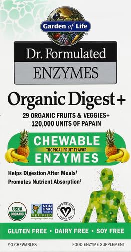 Image of Garden of Life Digestive Enzymes with Papain, Bromelain and Lipase for Nutrient Absorption and Digestion Support, Tropical Fruit Flavor, Dietary Supplement, Certified Vegan, 90 Chewables (Pack of 6)