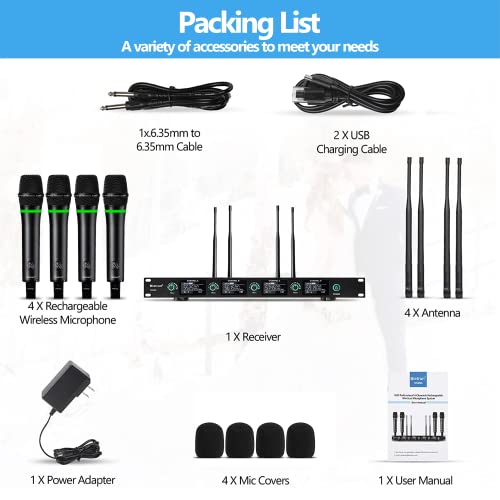 Image of Bietrun 4-Channel Wireless Microphones System with 4 Rechargeable Handheld Mics, UHF Metal Dynamic Cordless Mics for Karaoke, Singing, Church, Family Theater(Auto Connect /295FT Range /Fixed Frequency)