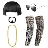 Kit Costume Travestimento Divertente, Costumi Divertenti per Uomo - Parrucca Nera a Scodella | Pizzetto | Collana Dorata | Maniche Finte Tatuate | Occhiali da Sole, Costume da Uomo per Festival&Feste