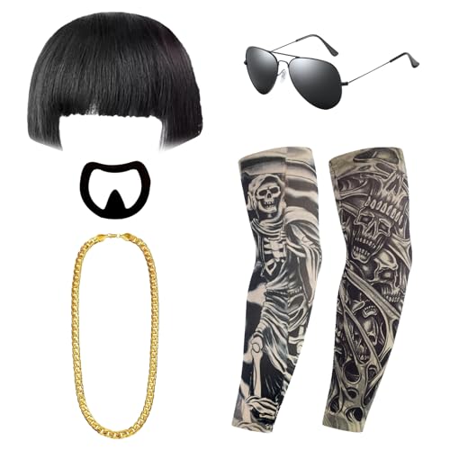 Kit de Disfraz Divertido, Disfraces Graciosos para Hombres - Peluca Negra | Barba de Cabro | Cadena de Oro | Mangas de Tatuajes| Gafas de Sol, Disfraz de Fiesta para Fiestas y Festivales de Moda