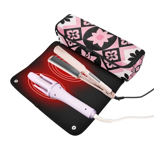 Bolso de viaje para herramientas de cabello con tapete resistente al calor para planchas, rizadores y secadores - Negro y rosa miniatura 2