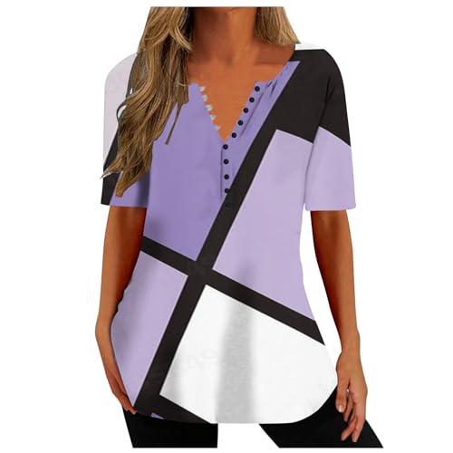 MRGIINR Túnica de verano para mujer, con botones, cuello en V, manga corta, diseño de cachemira, ajuste holgado, talla grande, elegante, casual, oculta el vientre, blusa moderna, Gift09#_púrpura, XL