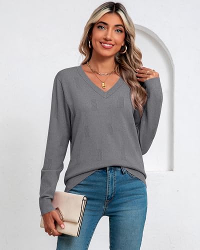 Huukeay 2 Pack Women's V Neck Sweaters, Fall Long Sleeve Tunic Tops Knitted Casual Basic Shirts Lightweight Pullover Blouses4