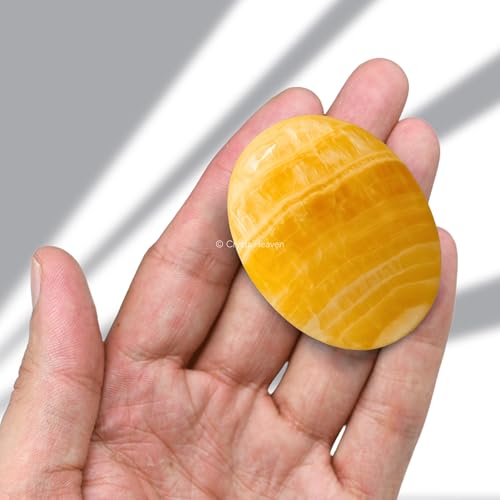 Image of Certified Yellow Calcite Crystal Palm Pebbles Stones for Anxiety Stress Relief Massage - AAA Grade Original Healing Gemstone Agate Palm Stone for Yoga Meditation Spiritual Reiki Feng Shui