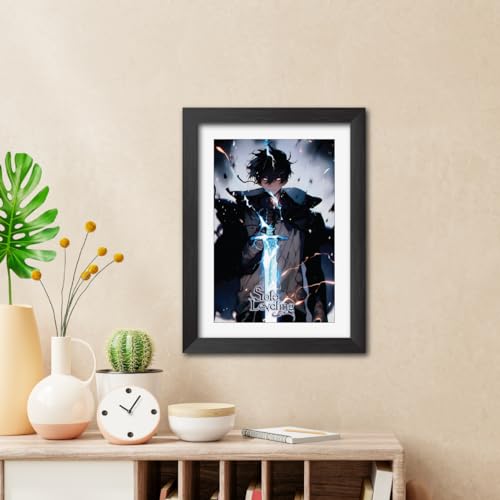 Image of TenorArts Sung Jinwoo Photo Frame Solo Leveling Anime Laminated Poster Framed Painting with Matt Finish Black Textures (12inches x 9inches)