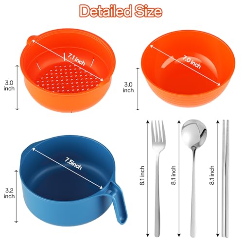 Image of Large Ramen Bowl Set, Microwave Noodle Pasta Cooker with Lid and Strainer, Microwave Steamer for Vegetables, with Stainless Steel Chopsticks, Spoon, Fork, for Office, College, Dorm, Gift (Orange)