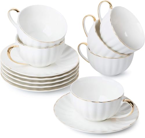 Image of White Tea Cups and Saucers Set of 6 (180 Ml), Porcelain White Tea Cup Set with Golden Trim, Dishwasher Safe for Tea Milk & Coffee Chai, Teacup Set