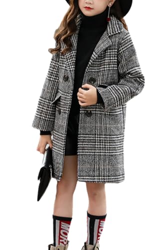 Boys Girls Winter Pea Coat Dress Coats Notched Lapel Collar Double Breasted Plaid Over Coats Long Jackets for Kids