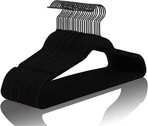 MIZGI Premium Velvet Hangers (60 Pack) Heavy Duty - Non Slip Felt Hangers- Velvet Suit Hanger Black - Black Coated Hooks,Space Saving Clothes Hangers