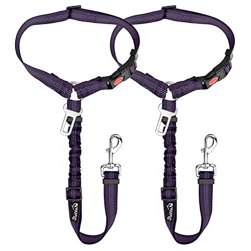 Image of SlowTon Dog Seat Belt for Car, 2 Pack Dog Car Harness Seatbelt with Bungee | 2 in 1 Pet Car Leash Headrest Restraint & Dog Safety Tether Clip, Adjustable with Elastic Buffer, Reflective, Purple M /L