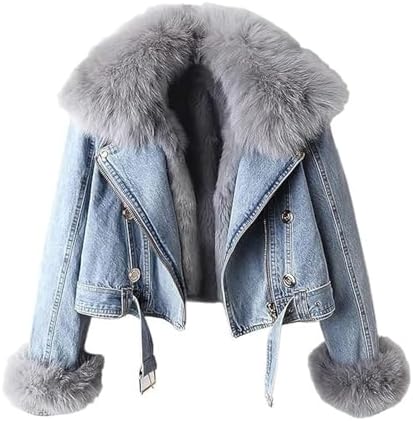 Denim Jack met Bont Dames Winterjas Grote Maten Gevoerde Bontjas Jeans Puffer Denim Jas Jassen Winterjas Denim Warme Winterjassen(Blue,Small