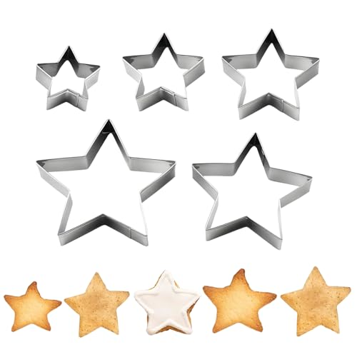 Diyxisk Formine Biscotti, 5 Pezzi Stella Stampi Biscotti, Acciaio Inossidabile Stampini per Biscotti, Liscio Tagliabiscotti, Adatto per Torte, Biscotti, Panini, Pane, Verdure, Frutta, Dolci