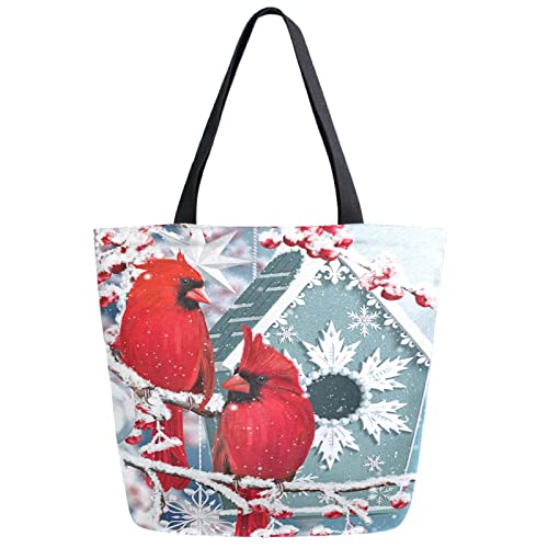 Winter Couple Ccardinal on Berry Branch Extra Large Canvas Shoulder Handle Tote Good Storage Bag for School Gym Weekender Beach 