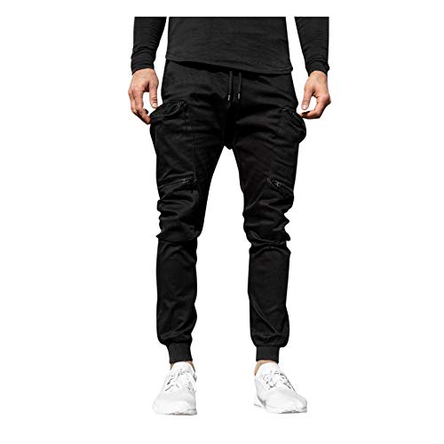 Generisch Pantalones cargo para hombre: pantalones deportivos con muchos bolsillos, pantalones de chándal con cordón, pantalones de chándal con puños, pantalones ligeros para exteriores, ajustados