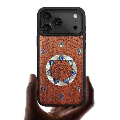 Carveit MagSafe 対応 iPhone 17 Pro Max ケース 木製, 手でインレイ/象嵌 天然木+綺麗な貝張り/天然貝象眼, アイフォン17 Pro Max ケース 耐衝撃（6.9インチ） 磁気内蔵 滑り止め 耐久性 レーザーアート彫刻 (バラ色-大天使ソロモンの封印)