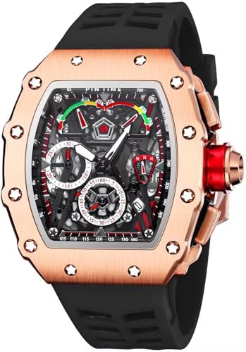FANMIS Mens Luxury Tonneau Square Watches Analog Punk Chronograph Unique Sports Wrist Watch Japanese Movement Luminous Design with Rubber Band