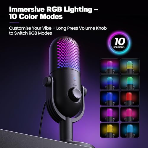 USB Microphone for PC Gaming: Condenser Microphone RGB for Gamer with Stand Mic - Recording Mic for Computer&Laptop with Qiuck Mute - Desk Podcast Mic for Podcast & Singing & Streaming & Youtube Black - View 4
