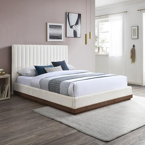 Meridian Furniture B1245Cream-Q Emmet Collection Modern | Contemporary Queen Bed with Soft Cream Chenille Fabric, Walnut Finish, Solid Wood Base, Tufted, 67.5" W x 87.5" D x 48.5" H, Cream, Queen by Meridian Furniture - Image 2