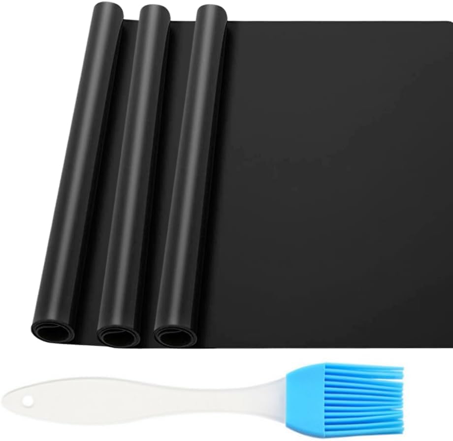 Heavy Duty 3 Pack Oven Liners & Silicone Oil Brush | Teflon Oven Liner Protector Sheet Reusable BBQ Mats | 40x33CM Non Stick BBQ Grill Mat for Ovens, Grills, & Stove