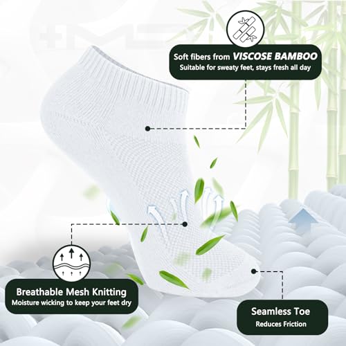 Image of +MD 6 Pairs Viscose Bamboo Ankle Socks for Mens /Womens, Liner Cushion Wicking Smell Control, Athletic Running Casual Low Cut Socks 6White14-16