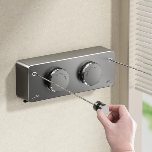 Image of MUSTORN Retractable Twin Clothesline Indoor, Non-Sagging Outdoor Clothes Line Retracting Heavy Duty Clothes Drying Laundry Line Wall Mounted Stainless Steel Line-13.8Feets(Double Line-Gray)