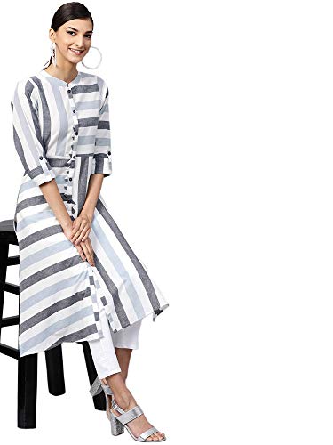 Image of INDO ERA Women's Cotton Striped A-Line Kurta(IE14KT3OW1012)