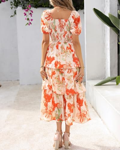 BTFBM Womens Square Neck Smocked Dress Summer Puff Short Sleeve Floral Casual Ruffle Tiered Maxi Wedding Guest Dresses3