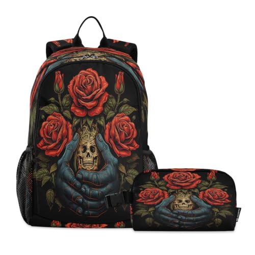 Sac à dos étudiant rose avec crâne cool et sac à déjeuner pour collège