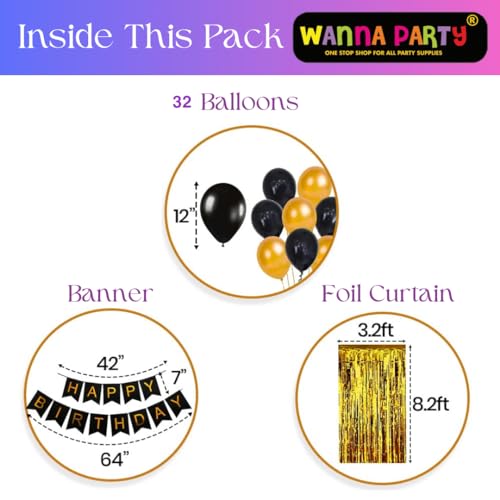 Image of Wanna Party Happy Birthday Decoration Items - Pack of 34, Birthday Decorations Kit | Black and Gold Balloons for Birthday Decoration | Birthday Decorations for Husband | Balloon Decoration Items