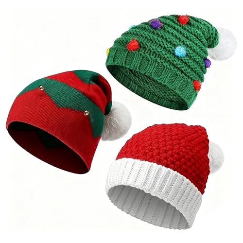 Weihnachtsmütze, 3 Stück Nikolausmütze Winter Gestrickte...