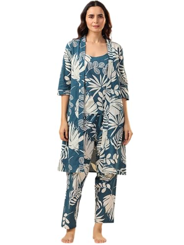 Image of Women's Printed Nightsuit Pajama with Top with Long Gown Lightweight Soft & Comfy Sleepwear for Girls & Women