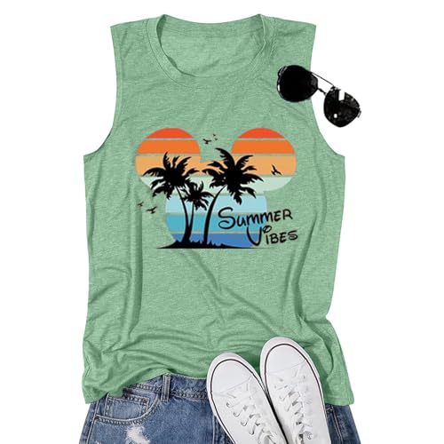 Vintage Summer Beach Graphic Tank Tops for Women Funny Sleeveless Workout Tops Hawaiian Travel Holiday Tee Shirts, Mint Green Large