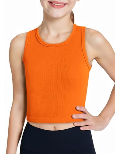 Image of Haloumoning Girls Tank Tops Kids Athletic Ribbed Knit Sleeveless Crop Tops Basic Camisole 5-14 Years