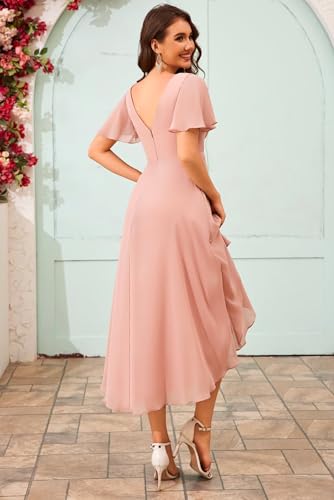 V Neck Short Bridesmaid Dresses with Ruffle Sleeves Chiffon Pleated High Low Formal Evening Gowns4