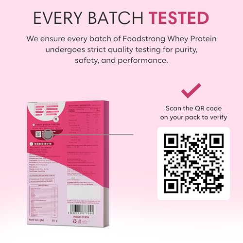 Image of Foodstrong Whey Protein Powder (Concentrate + Isolate), 100% Hormone Free Grass-Fed Whey, 26G Protein & 6.6G BCAA, Strawberry, With Turmeric & Digestive Enzymes, 35G