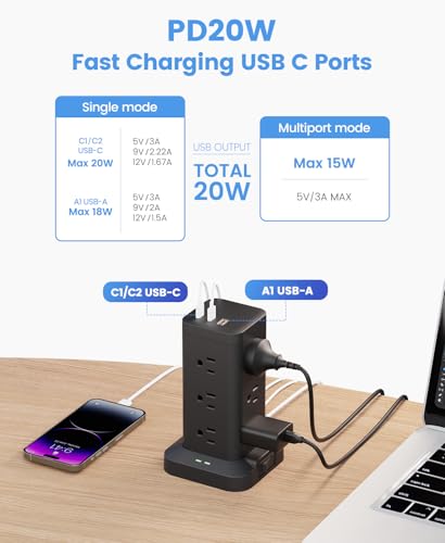 8' TAGZILO 15-in-1 Power Strip Tower Surge Protector - image 3