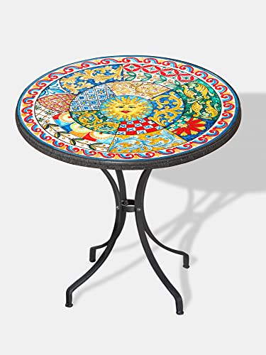 Terrecotte del Sole - Table en pierre de lave sicilienne originale décor sicilien diamètre 80 cm, fabriquée et décorée à la main.