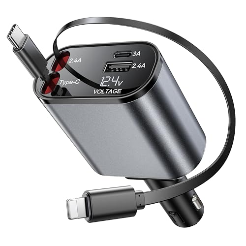 Retractable Car Charger 4-in-1 Car Phone Charger 66W Fast Charge with 2 Retractable Cables (2.6FT) and 2 USB Ports 12V Car USB Adapter Compatible with i Phone, Android, Samsung Galaxy
