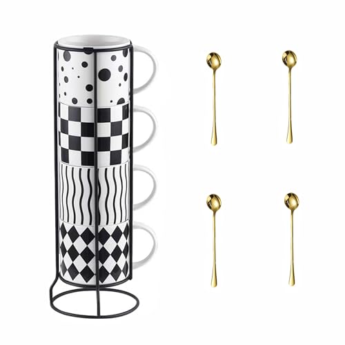 LLZYARWY Stackable Coffee Mugs with Stand, Checkered Black and White Coffee Mug Set of 4, 15oz Espresso Cups for Beverages, Stacked Mug Set with Spoons for Housewarming Birthday Gift, Dishwasher Safe by LLZYARWY - Used condition - US$30.83