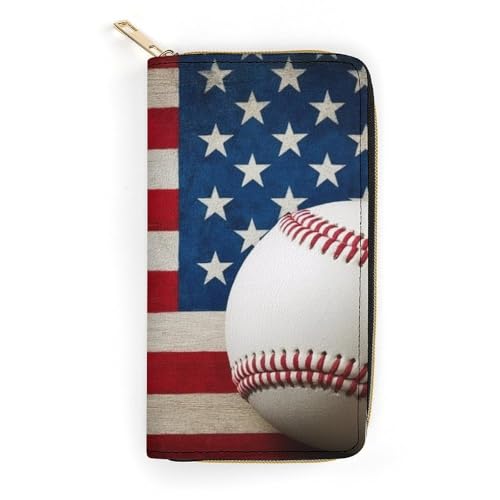 Printed Leather Wallet for Men Women, Portable Baseball Rustic Wooden American Flag Wallets with Large Capacity Multiple Card Slots