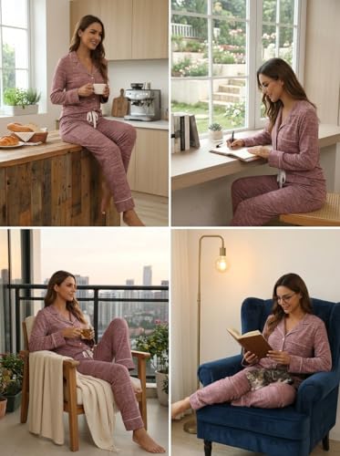 Image of Pjmlifecoco Pajamas Set Long Sleeve Womens Button Down Sleepwear Two Piece Nightwear Soft Pj Lounge Sets S-XXL