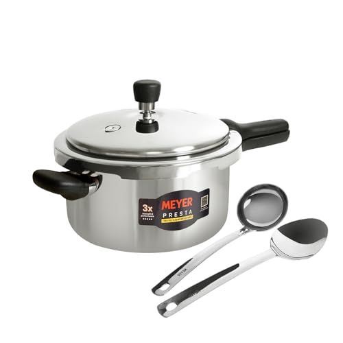 Image of Meyer Presta Stainless Steel Tri-ply Pressure Cooker 5.5 L with Stainless Steel Serving Spoon and Ladle