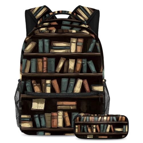 Sac à dos vieux livres lot de 2 avec trousse scolaire pour enfants et adolescents