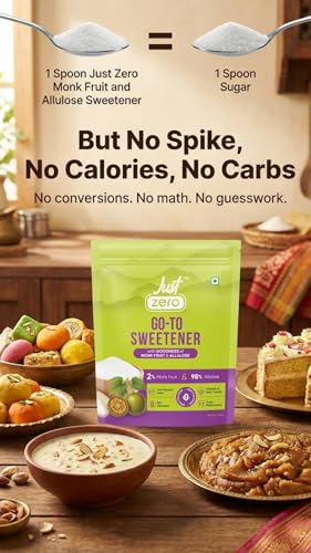 Image of Just Zero Monk Fruit & Allulose Natural Sweetener for Diabetics | 1:1 Sugar Replacement for Tea /Chai, Filter Coffee, Mithai & Baking | No Erythritol, Zero Calorie, Keto Friendly | 200g
