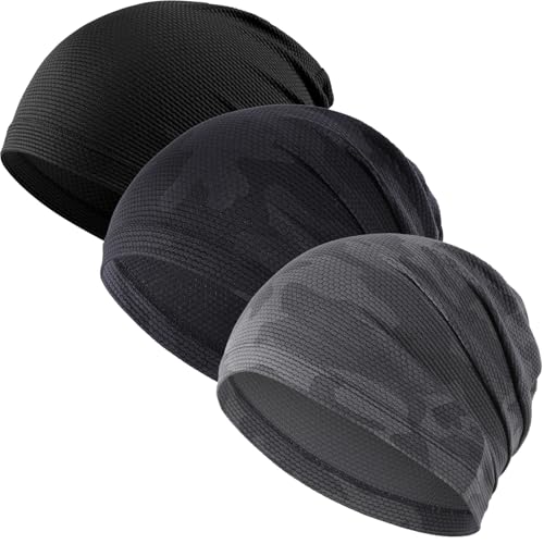 WTACTFUL Cooling Skull Cap for Men Women Breathable Running Caps Sweat Hat Skull Caps Thin Slouchy Beanie for Dreadlock Cycling Motorcycle Riding Hiking Sport 3Pack Black CamoBlack CamoGray